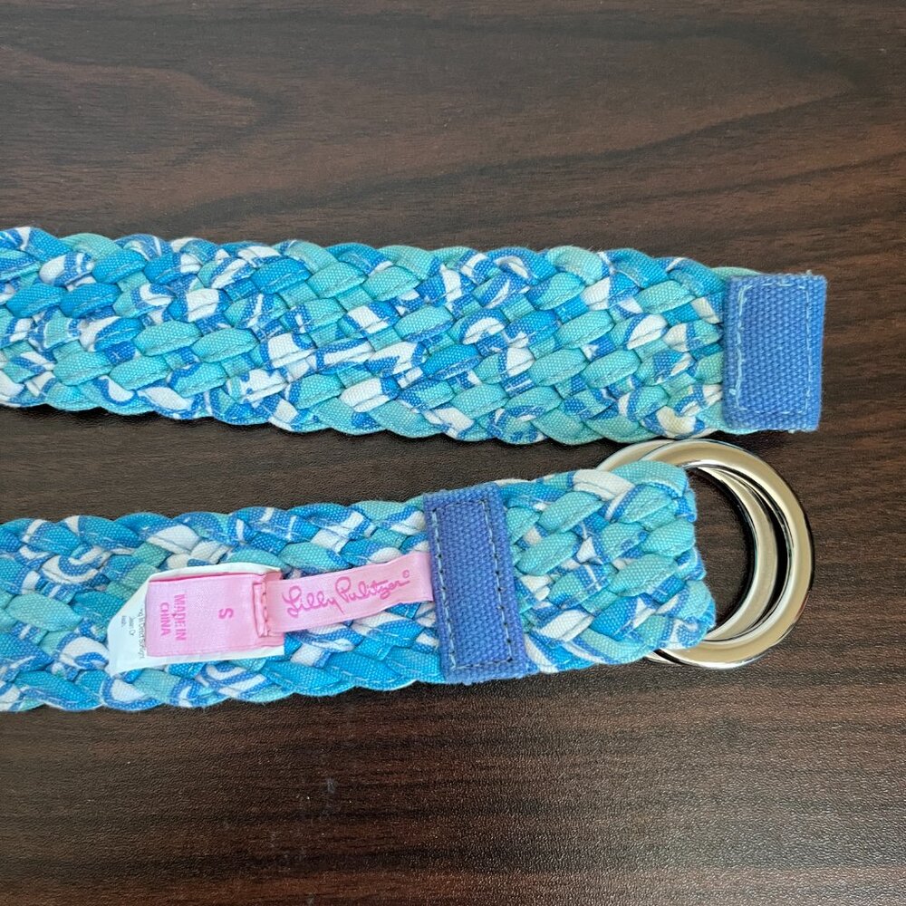 Lilly Pulitzer Woven Braided Cotton Belt Silver O-Ring Buckle Blue White Y2K S - Picture 4 of 5